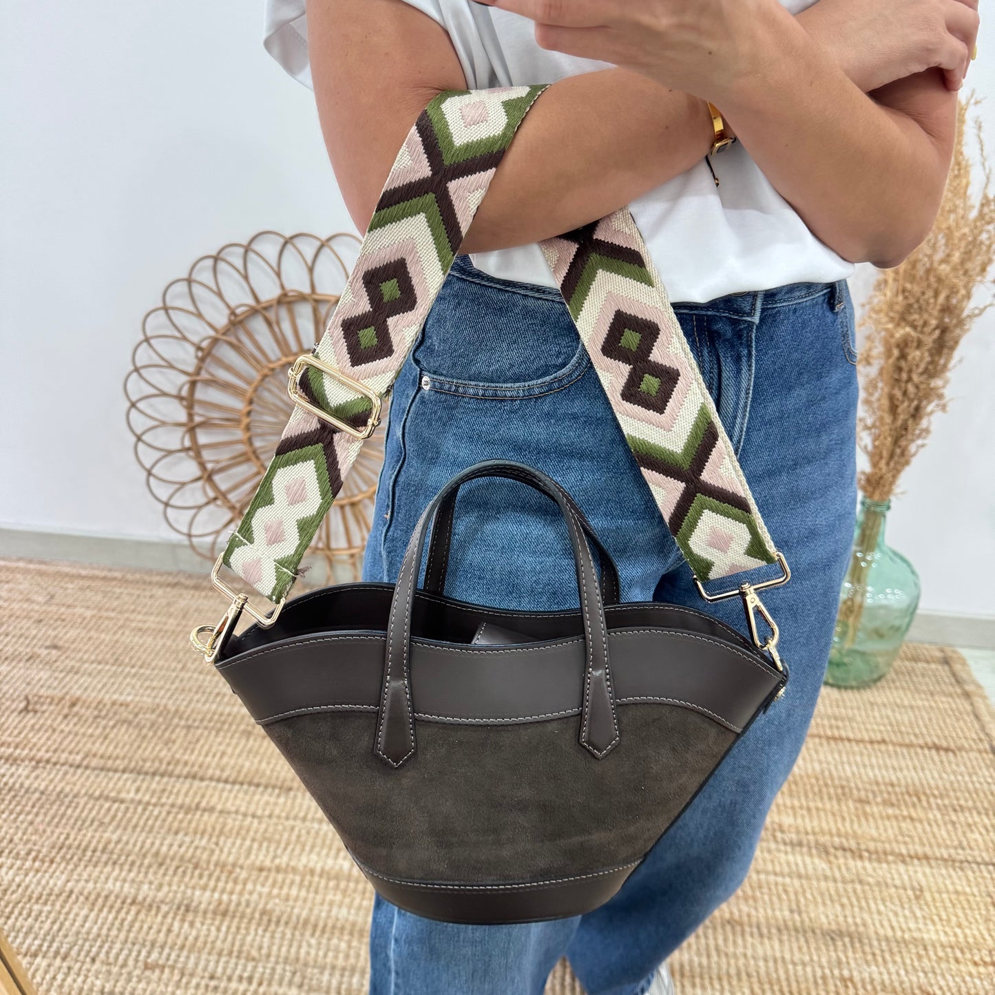 Mini Tote estructurado en piel y serraje marrón