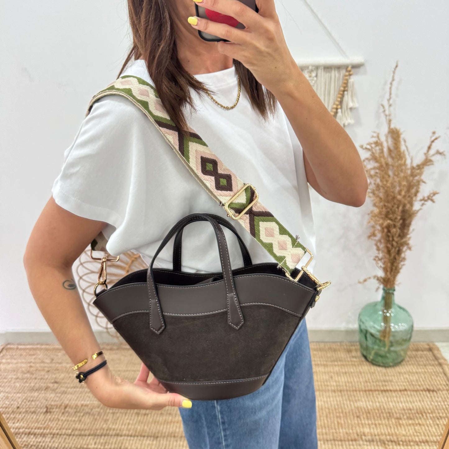 Mini Tote estructurado en piel y serraje marrón