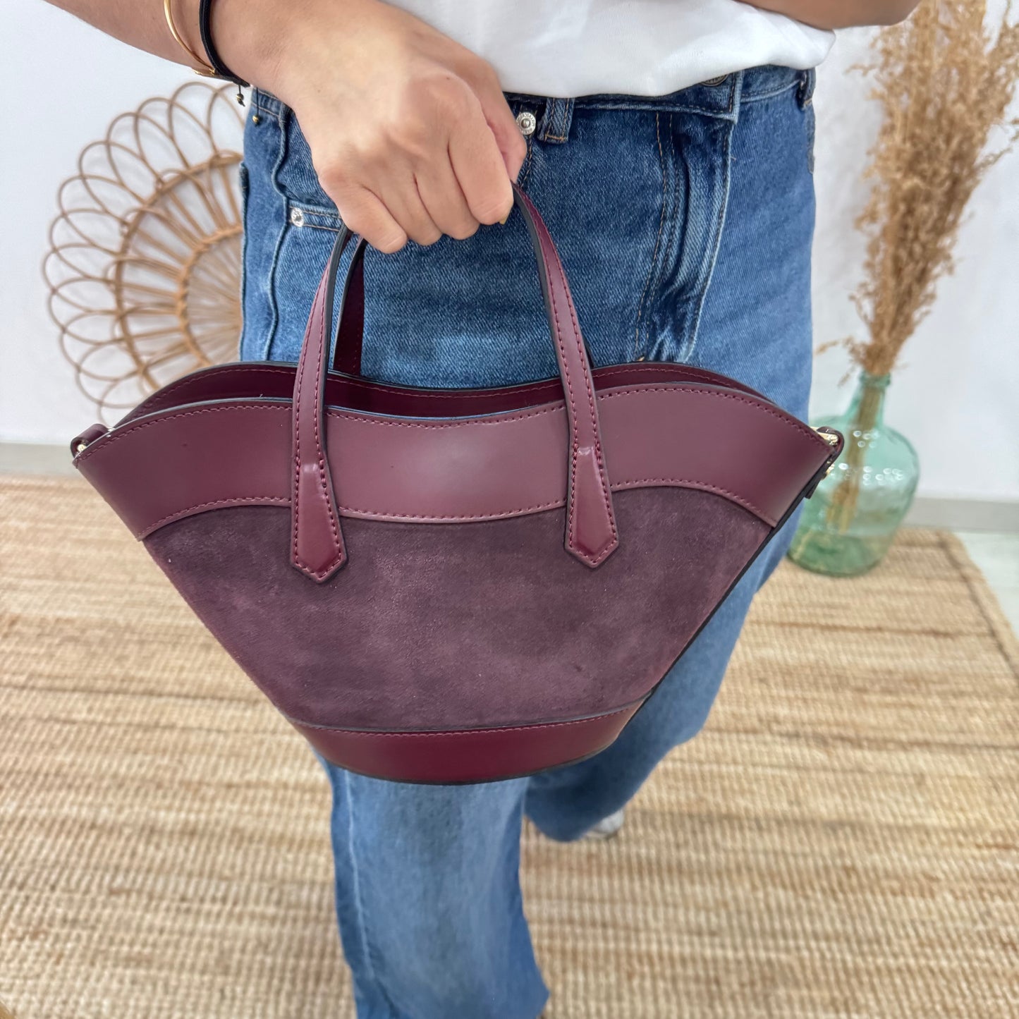Mini Tote estructurado en piel y serraje granate