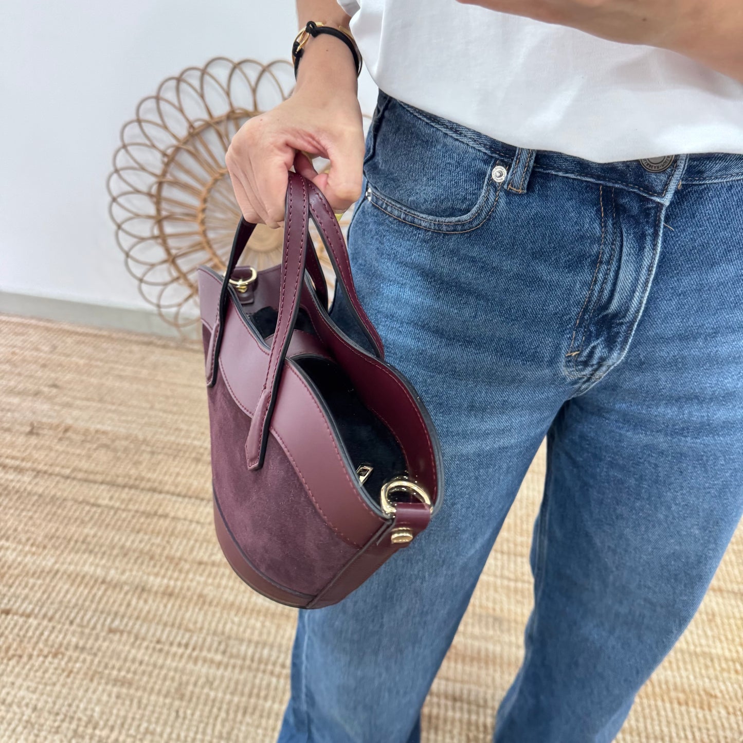 Mini Tote estructurado en piel y serraje granate