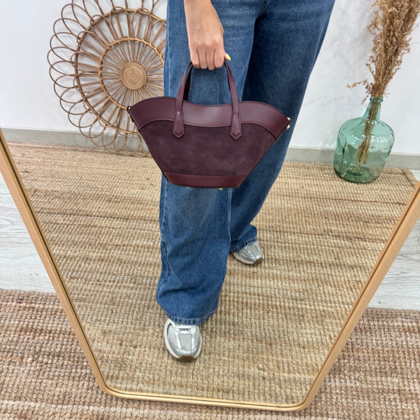 Mini Tote estructurado en piel y serraje granate
