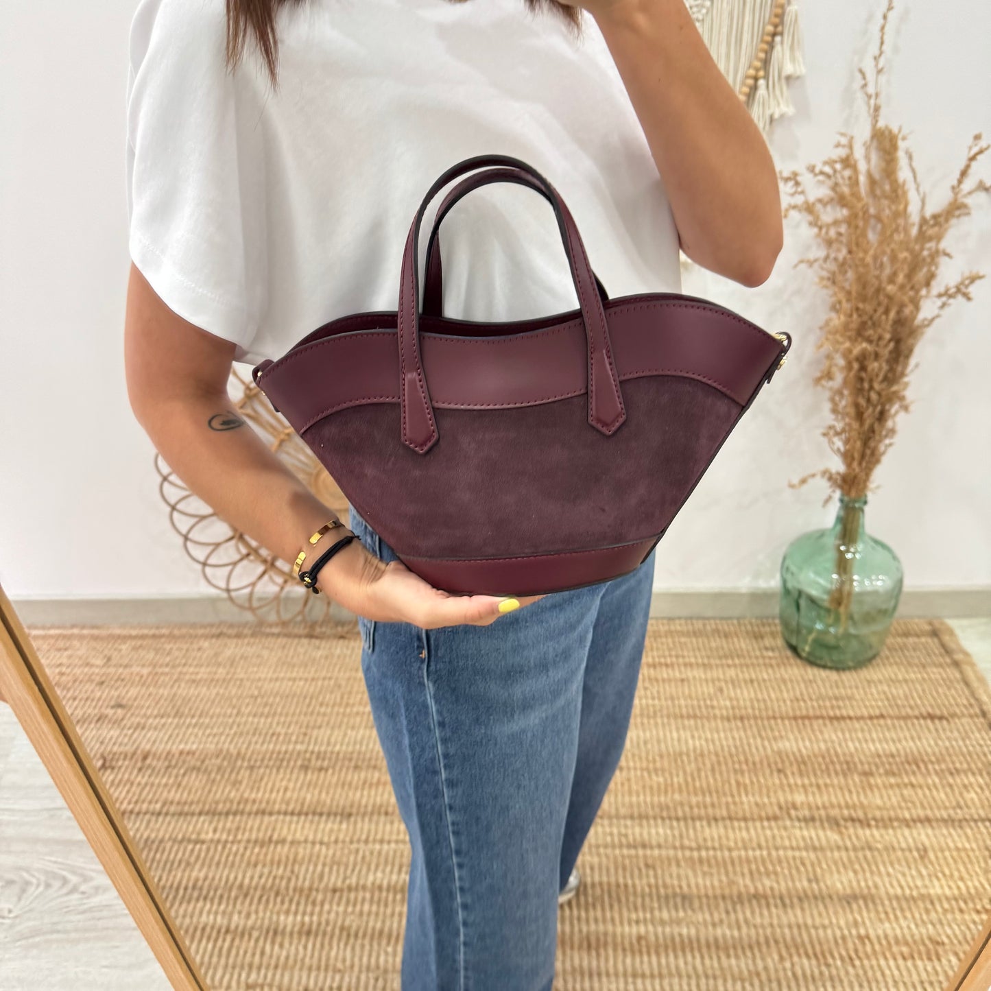 Mini Tote estructurado en piel y serraje granate