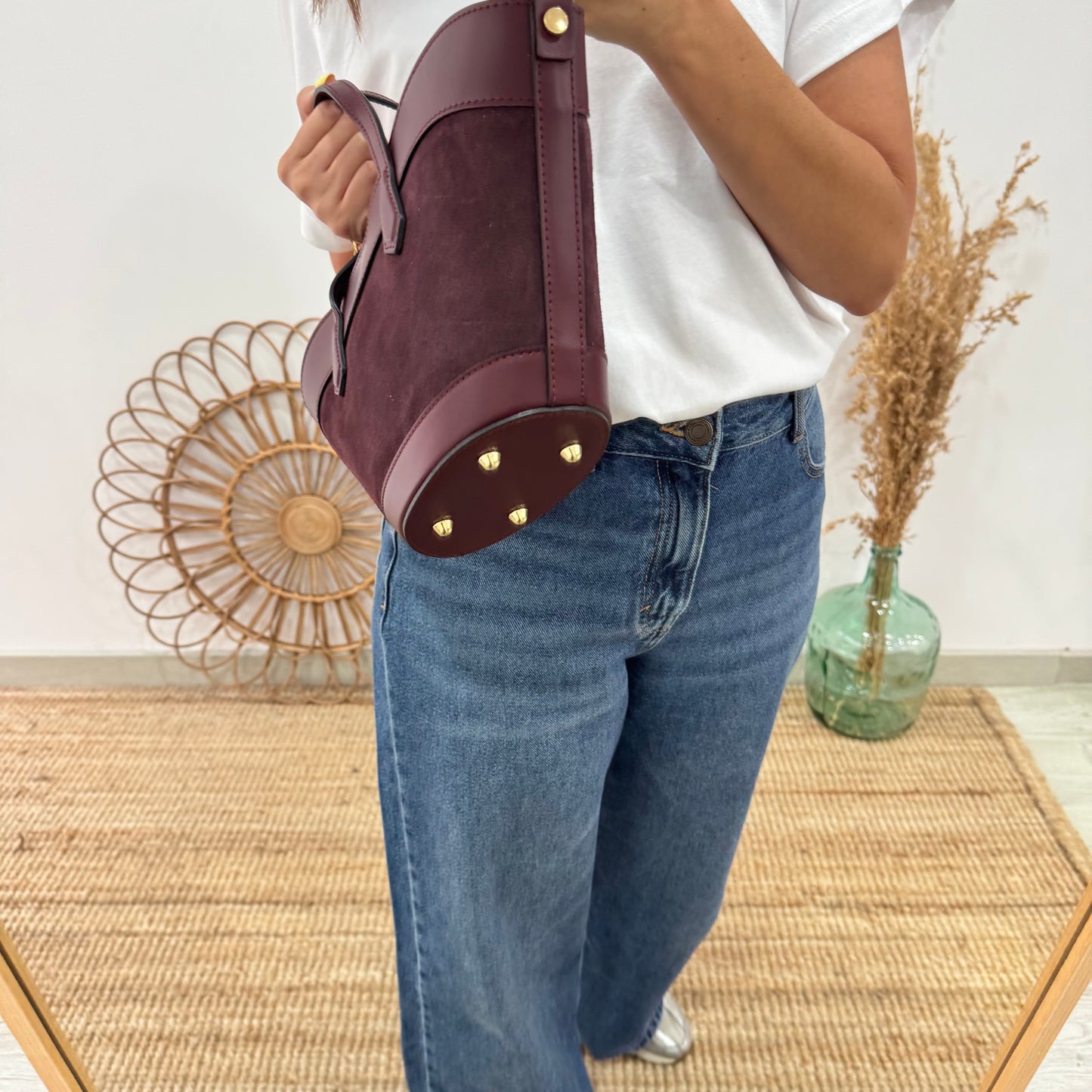 Mini Tote estructurado en piel y serraje granate