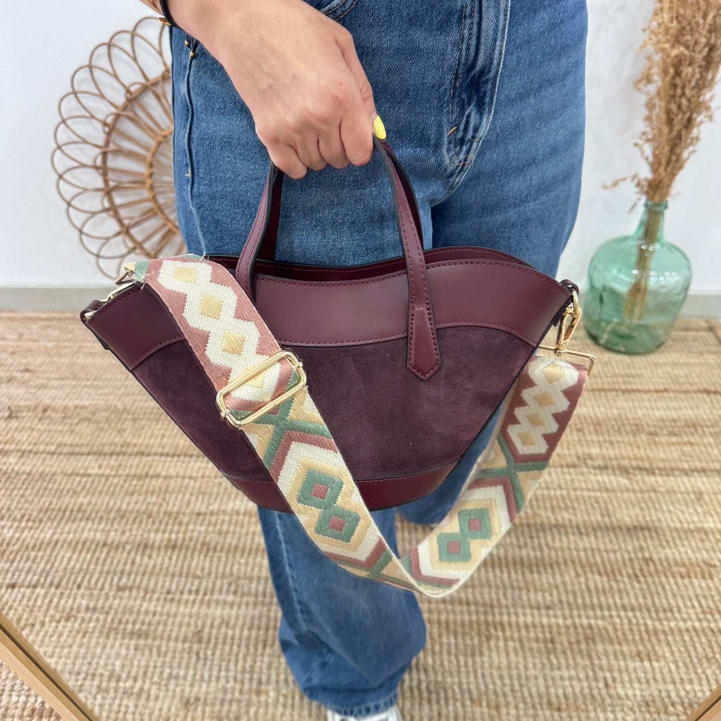 Mini Tote estructurado en piel y serraje granate