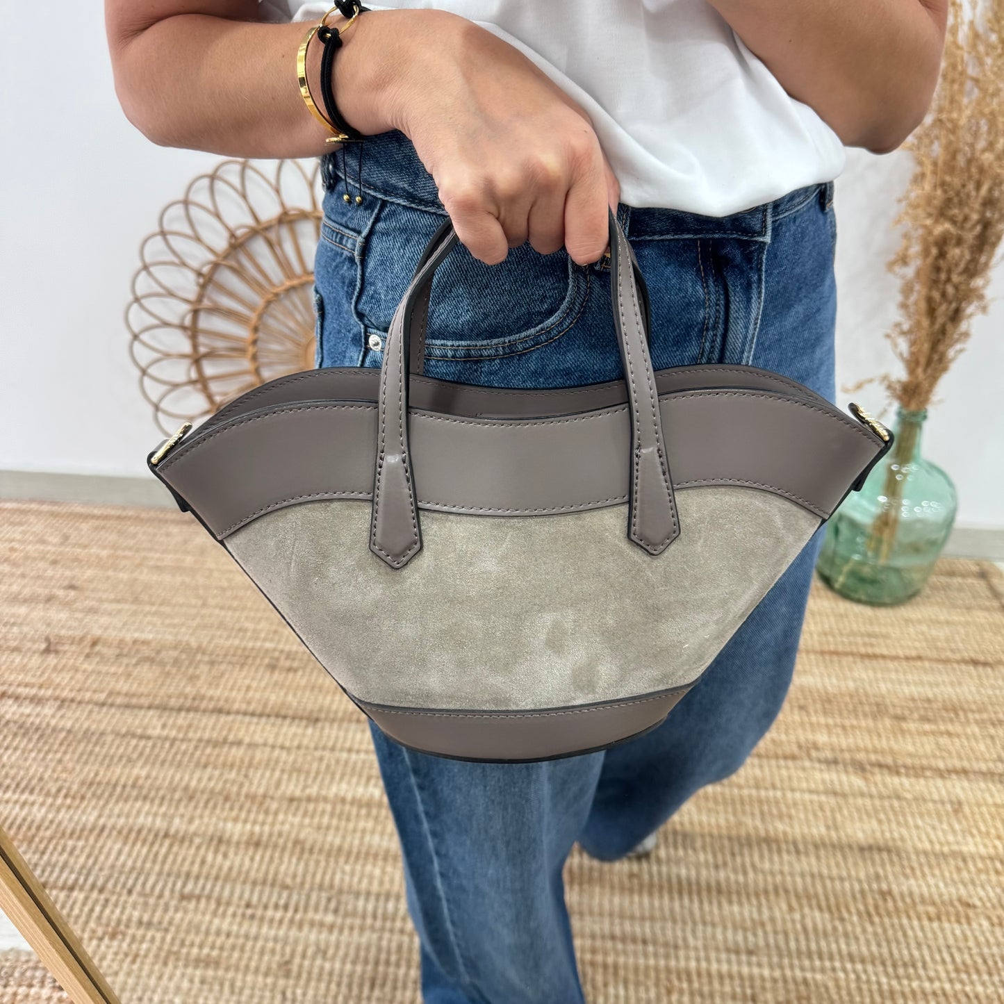 Mini Tote estructurado en piel y serraje taupe