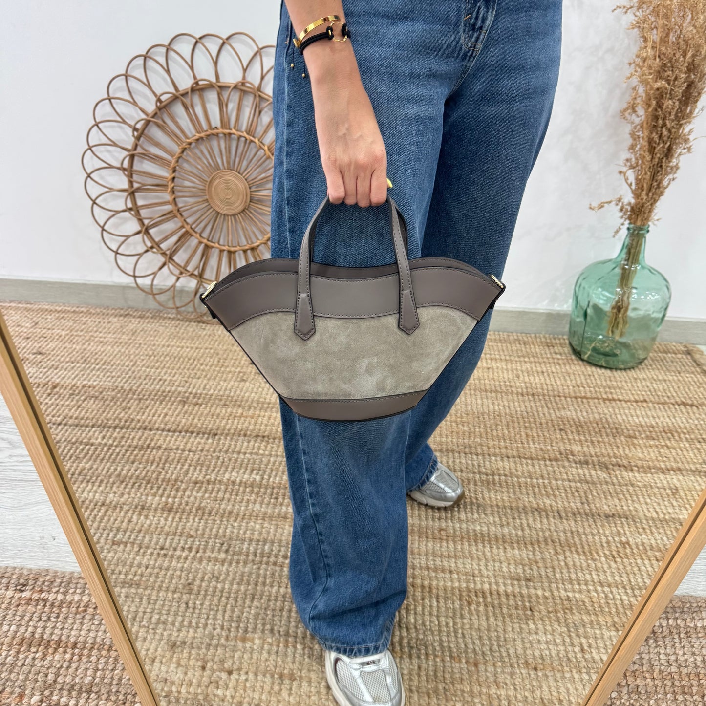 Mini Tote estructurado en piel y serraje taupe