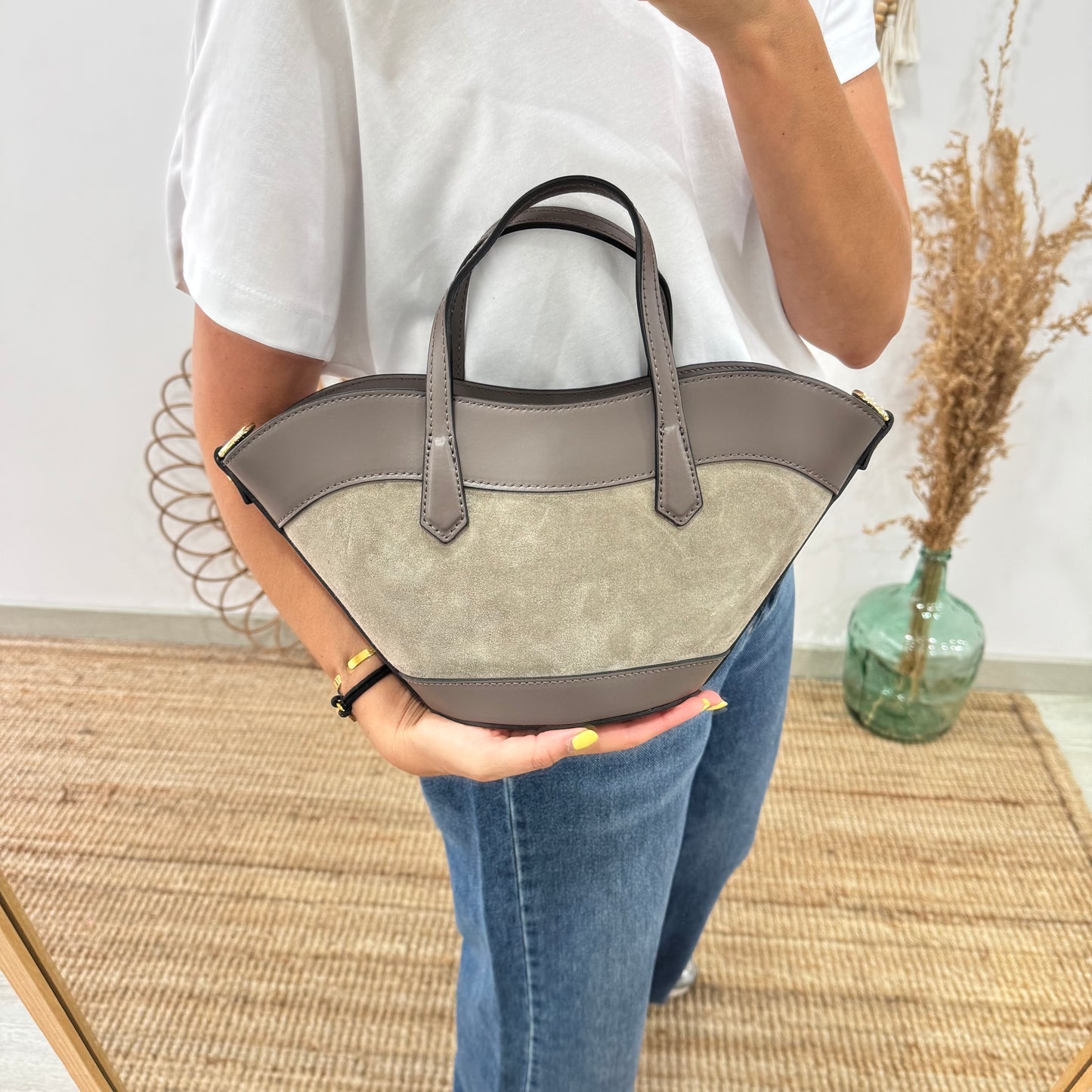 Mini Tote estructurado en piel y serraje taupe