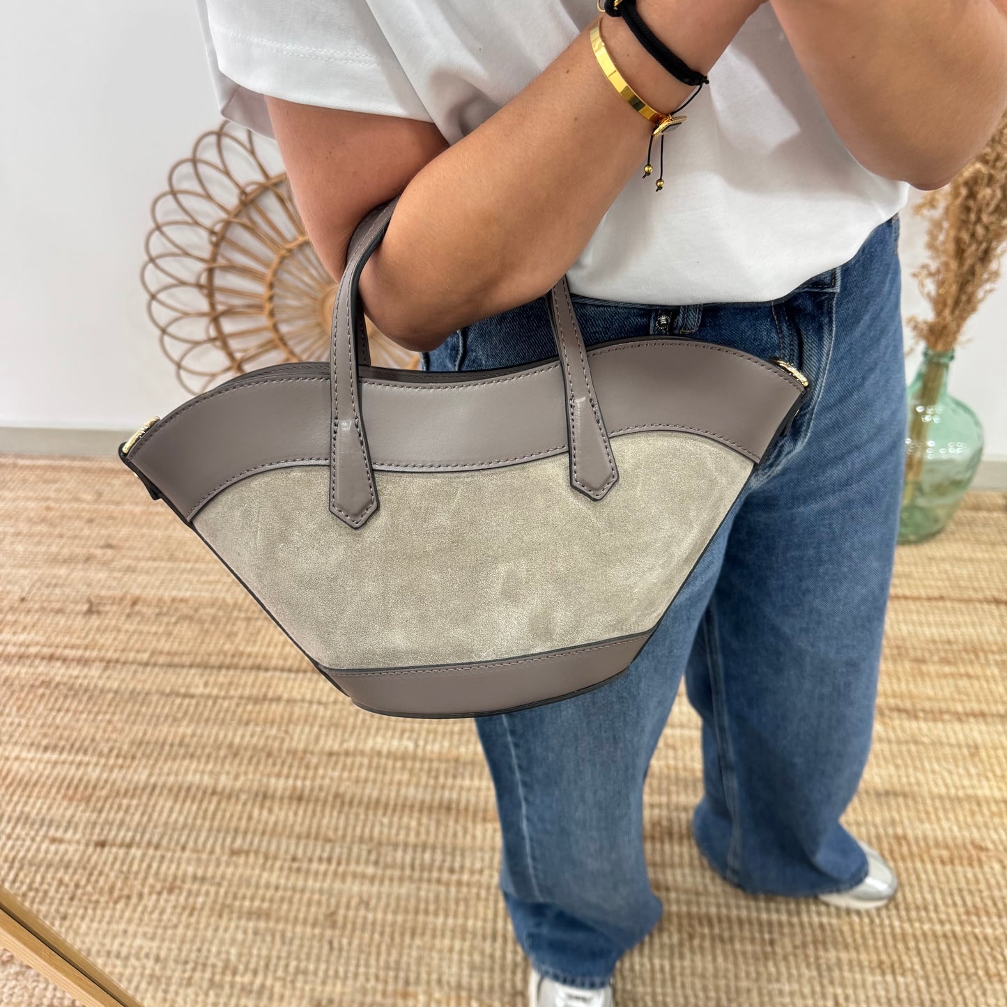 Mini Tote estructurado en piel y serraje taupe