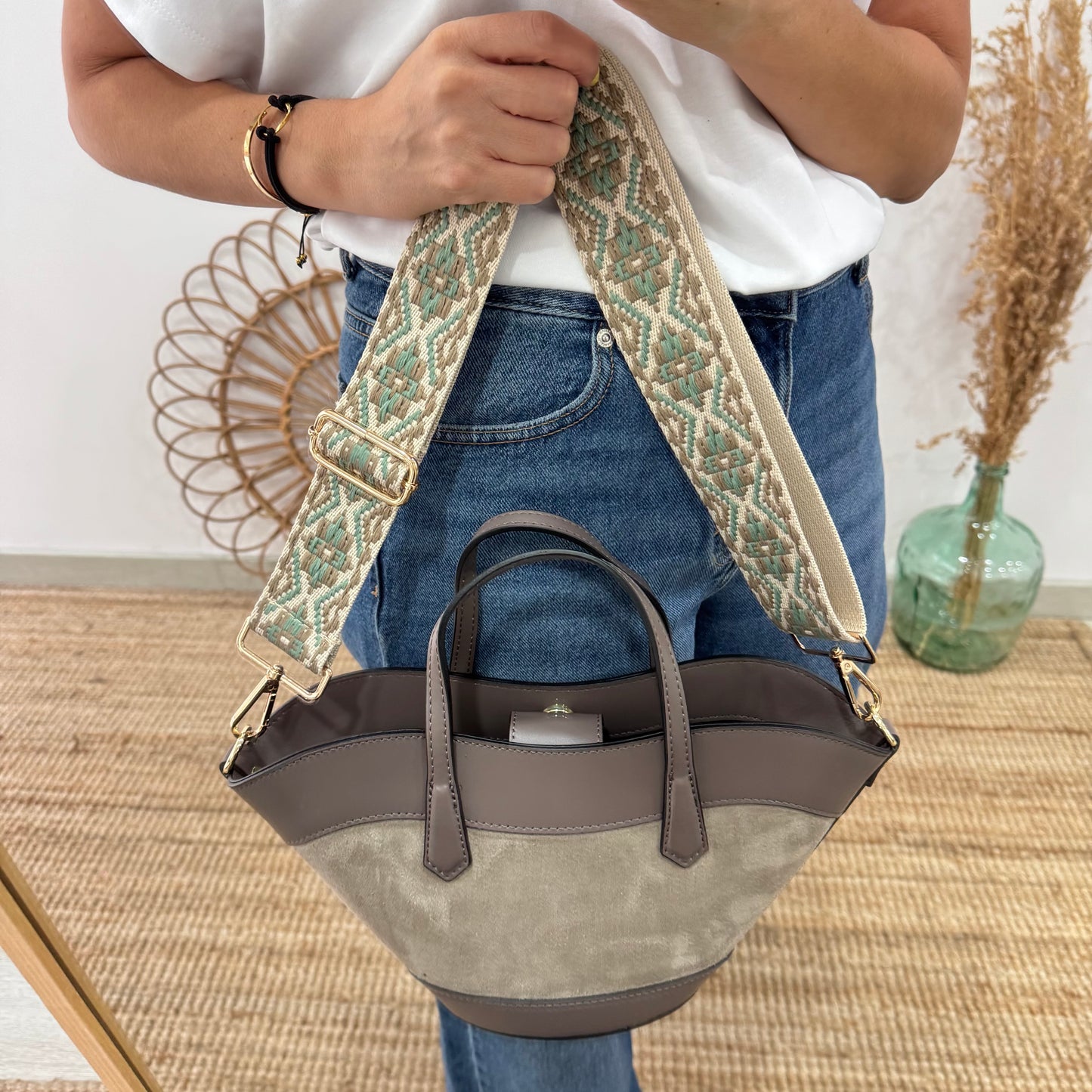 Mini Tote estructurado en piel y serraje taupe