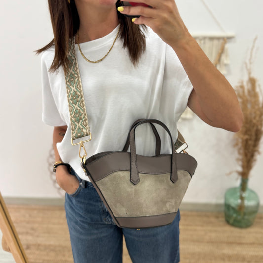 Mini Tote estructurado en piel y serraje taupe