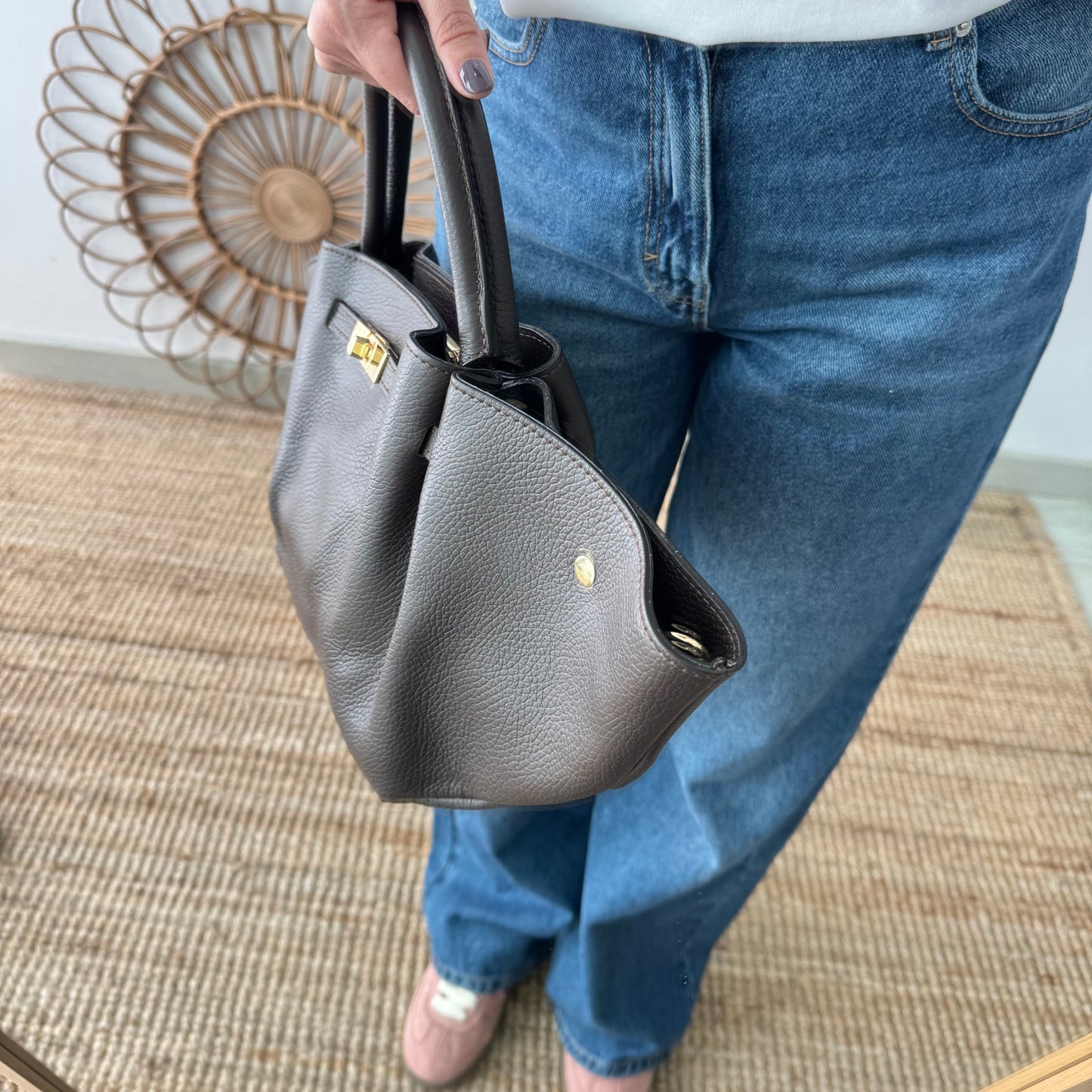 Bolso tote cierre piel marrón