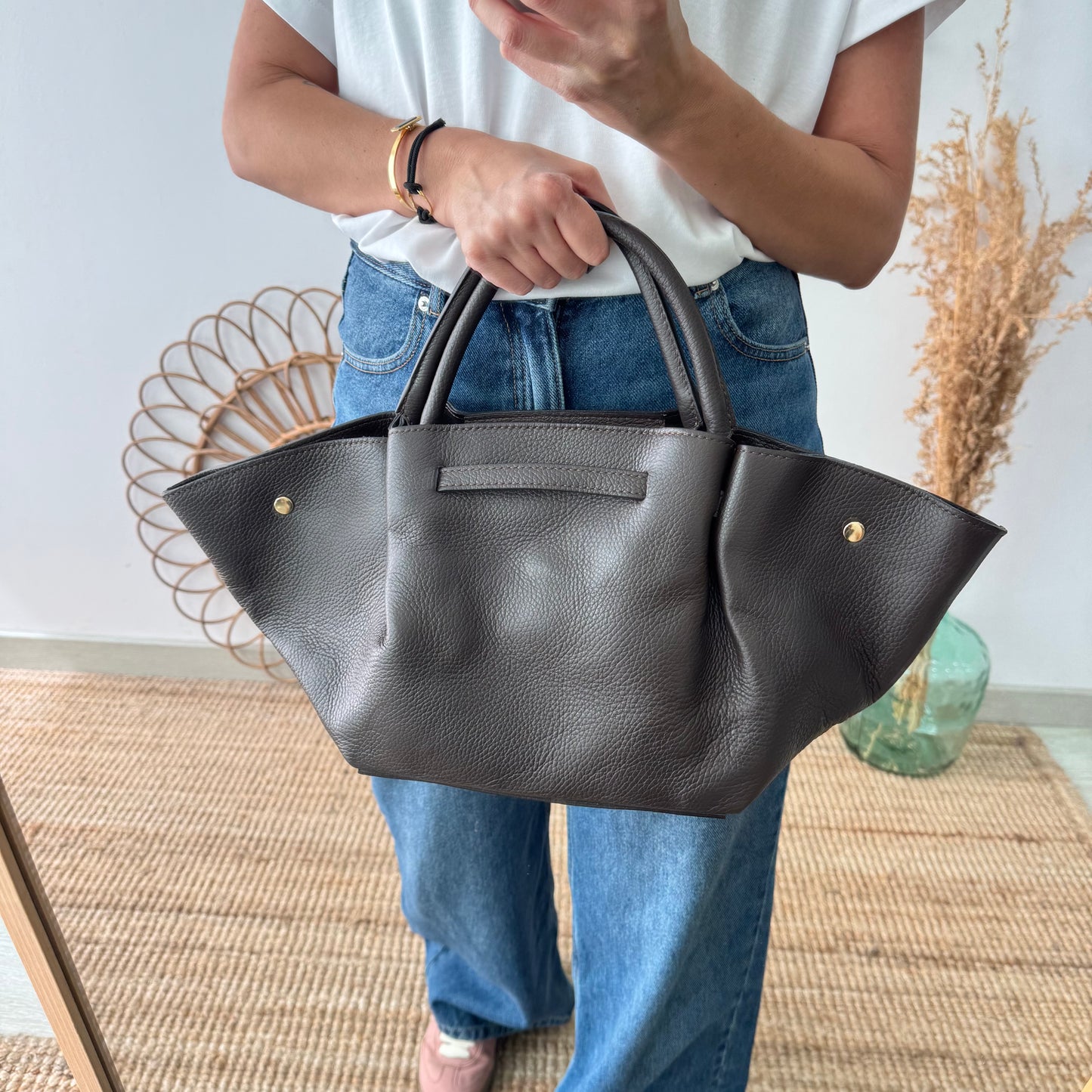 Bolso tote cierre piel marrón