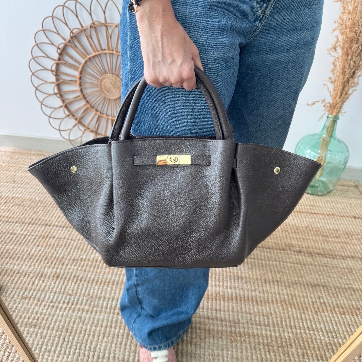 Bolso tote cierre piel marrón