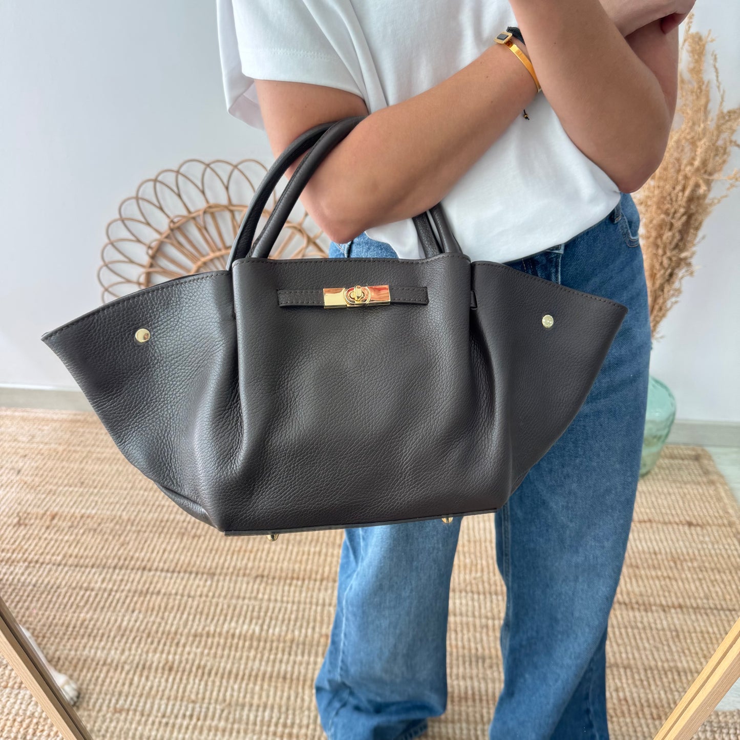 Bolso tote cierre piel marrón