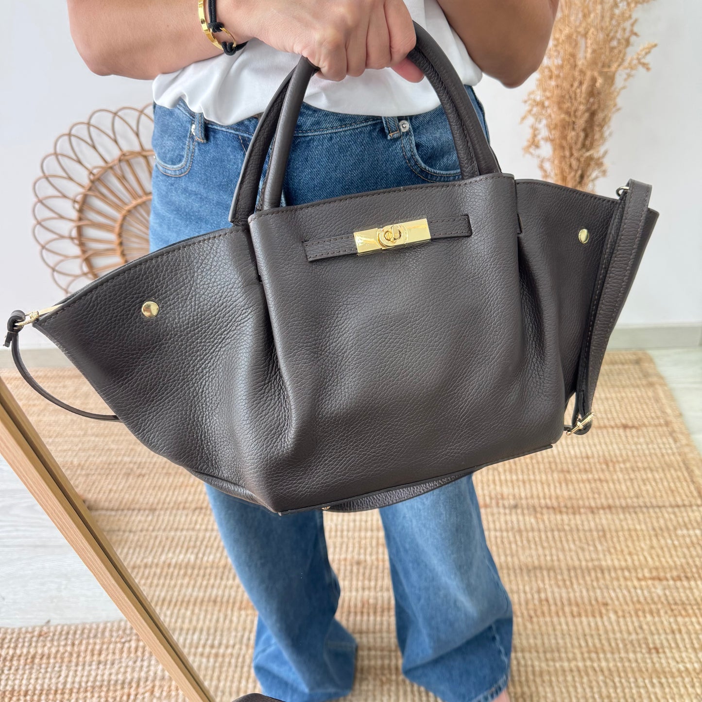 Bolso tote cierre piel marrón