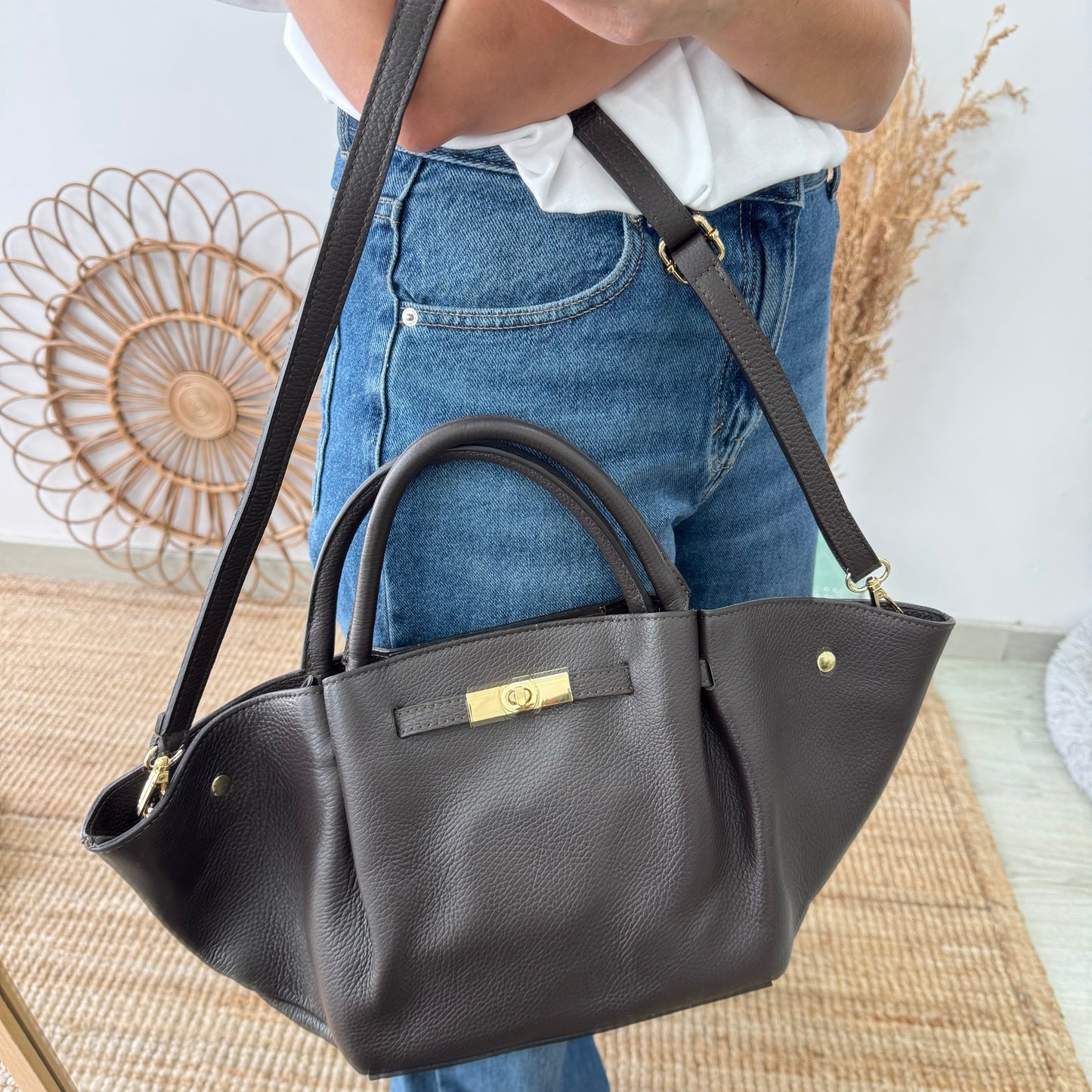 Bolso tote cierre piel marrón