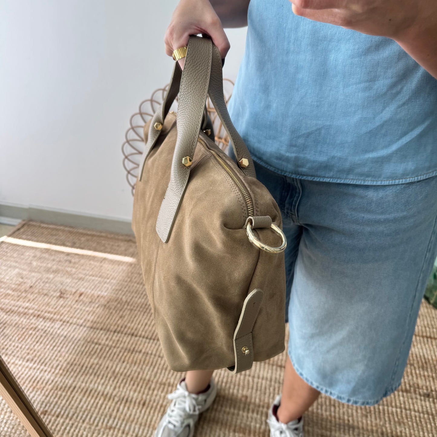 Bolso Bowling de Serraje y Piel taupe