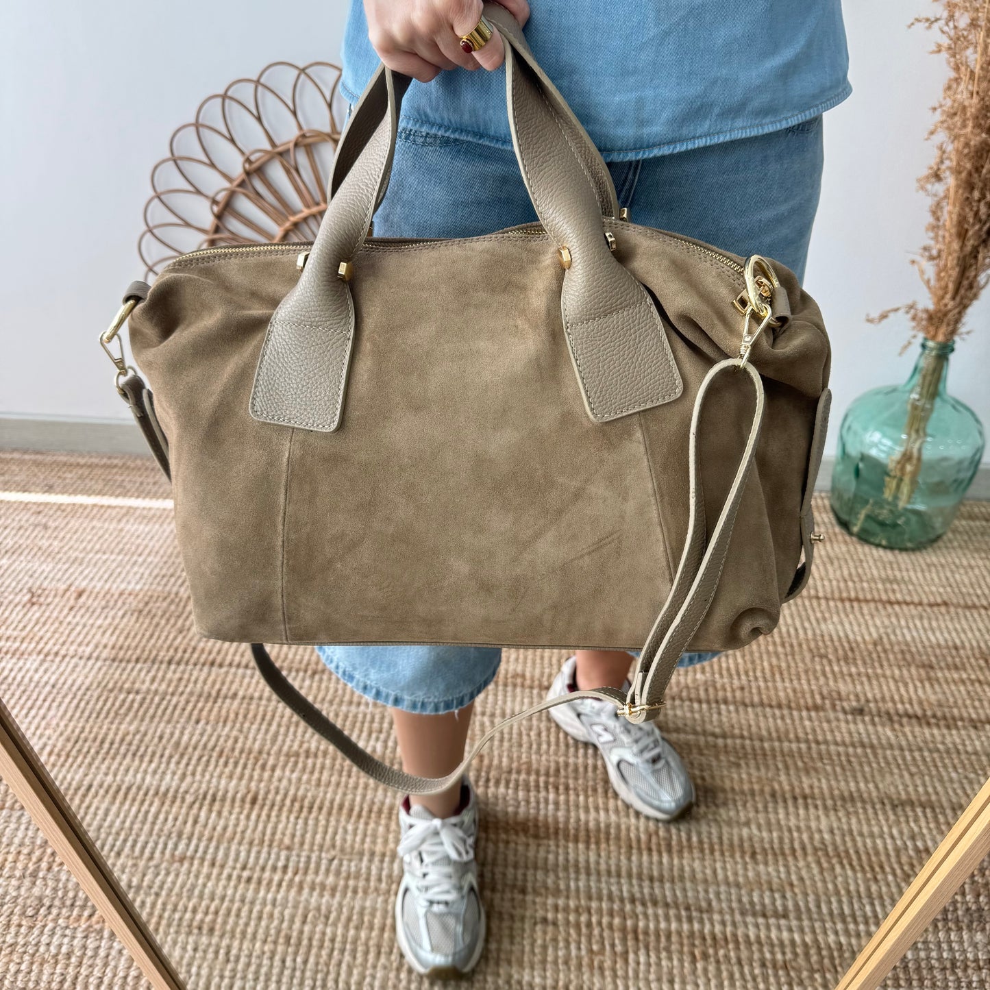 Bolso Bowling de Serraje y Piel taupe