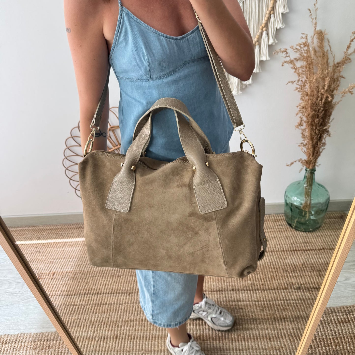 Bolso Bowling de Serraje y Piel taupe