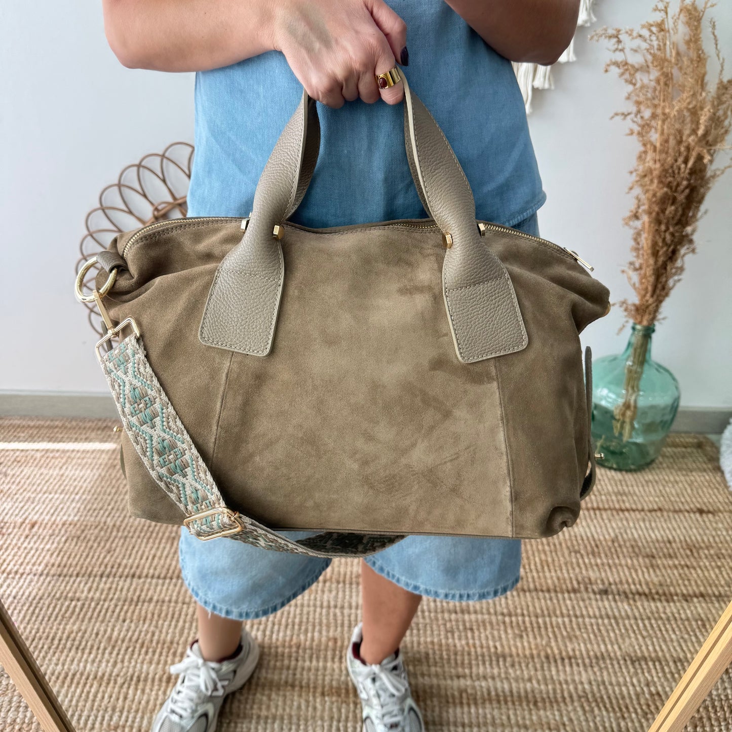 Bolso Bowling de Serraje y Piel taupe