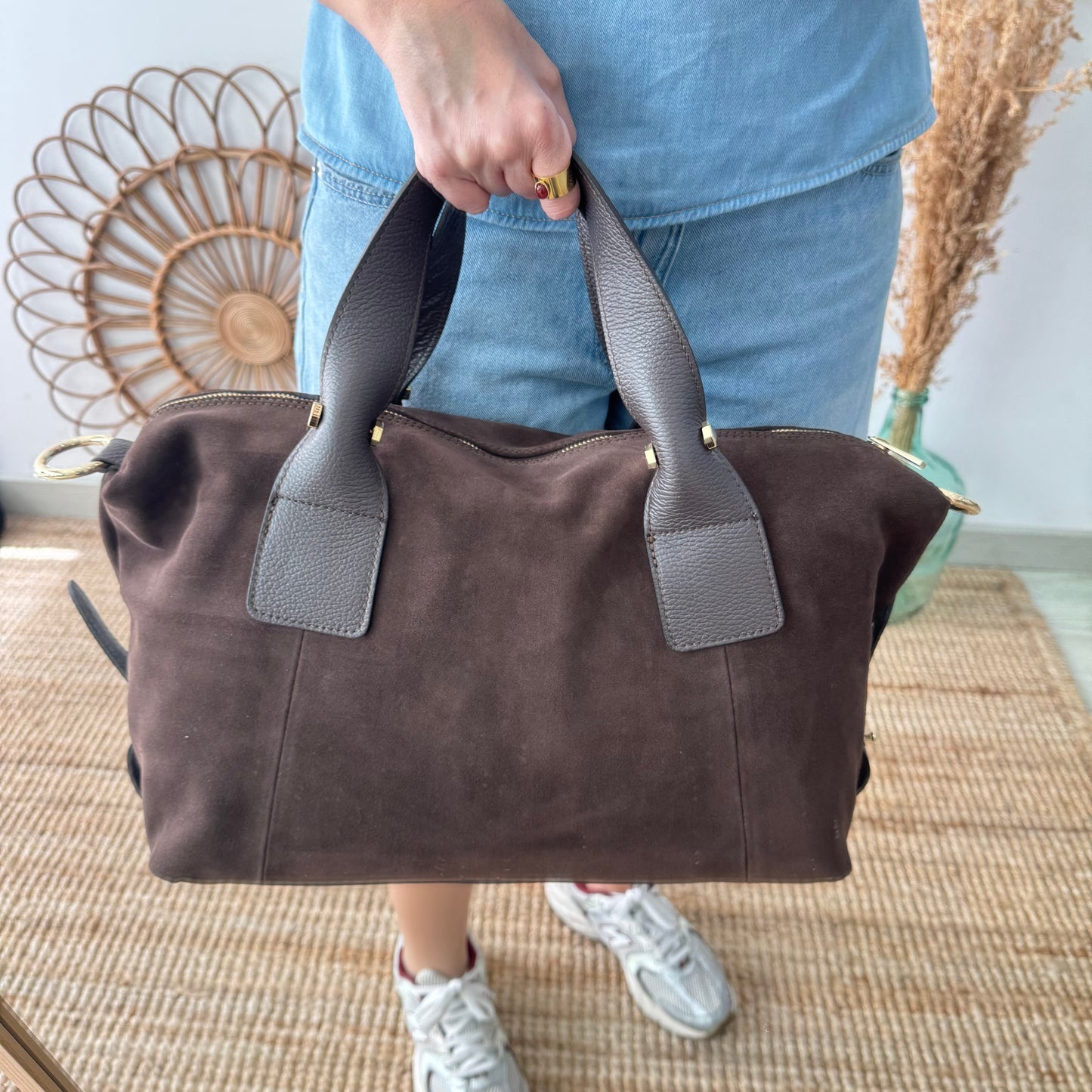 Bolso Bowling de Serraje y Piel marrón
