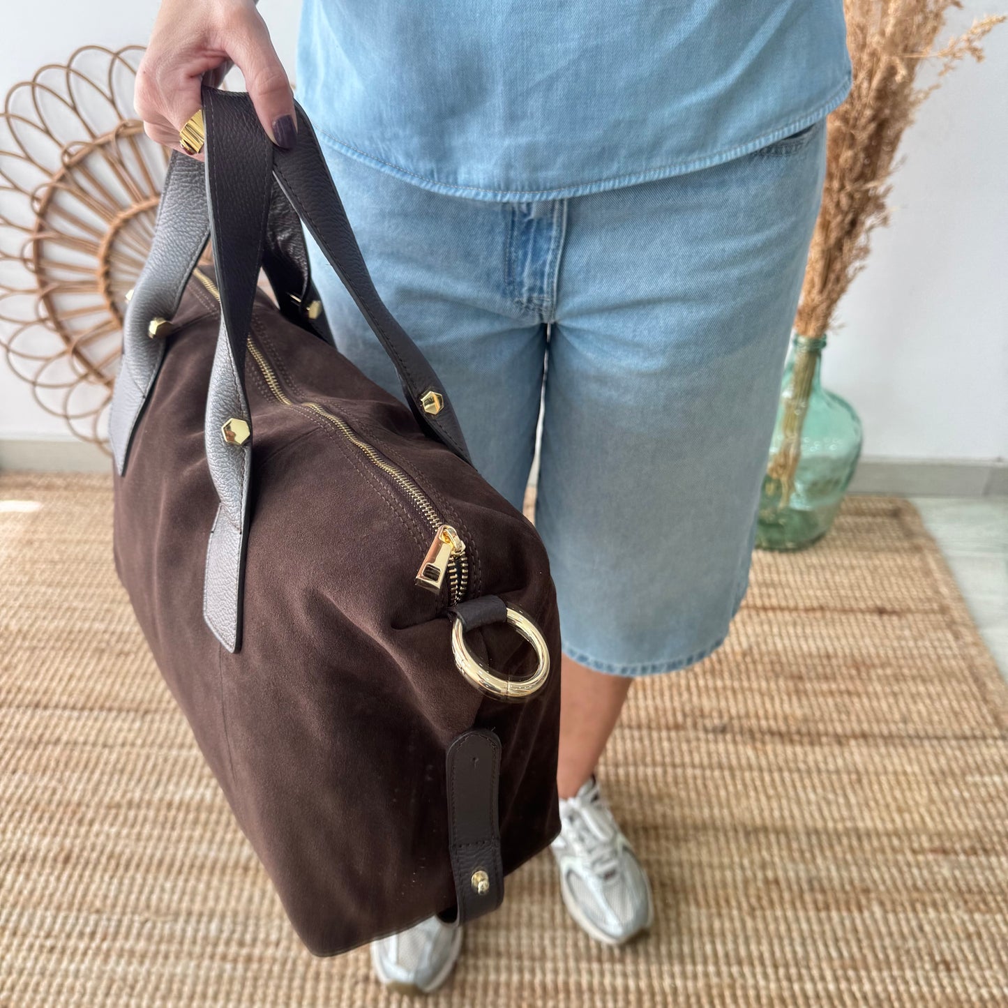 Bolso Bowling de Serraje y Piel marrón
