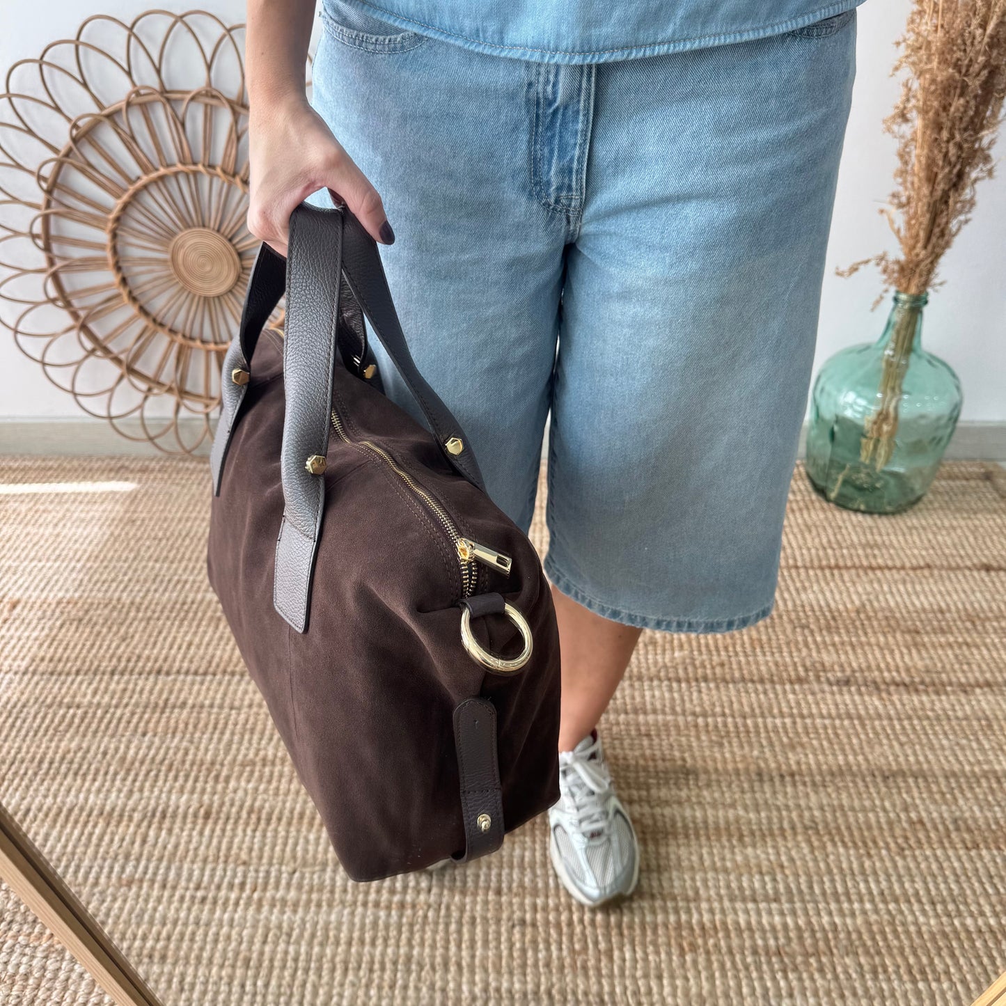 Bolso Bowling de Serraje y Piel marrón