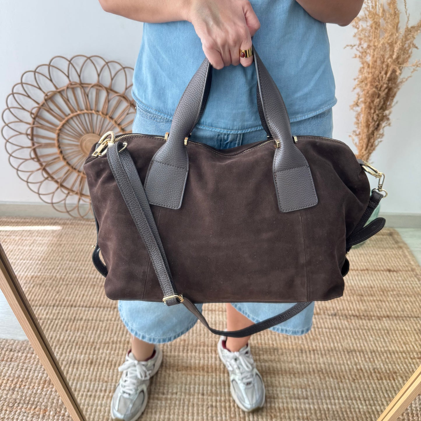Bolso Bowling de Serraje y Piel marrón