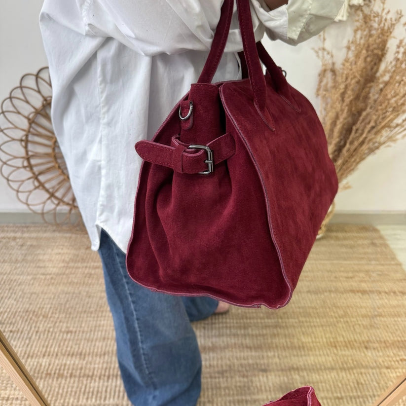 Bolso shopper hebillas serraje granate