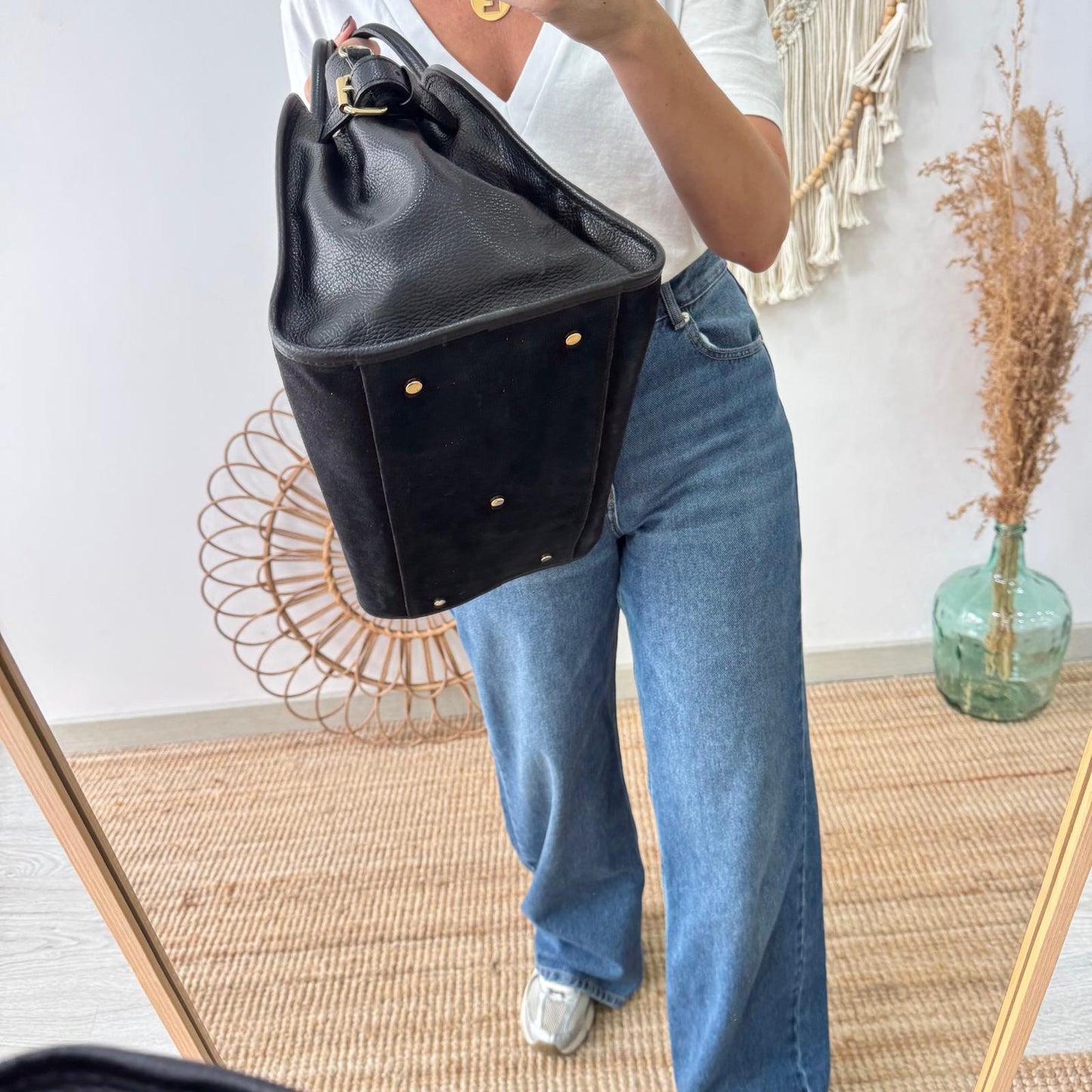 Shopper hebillas serraje y piel negro