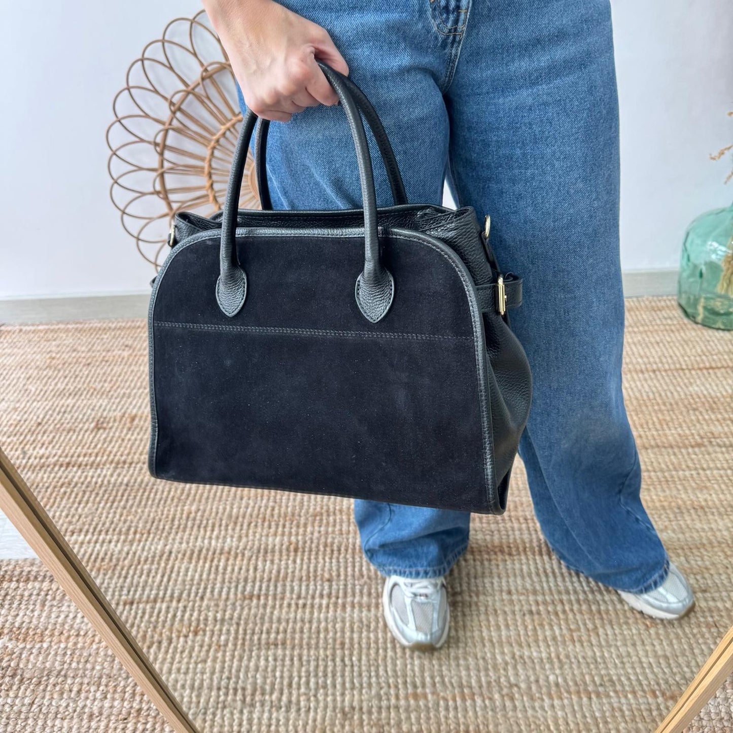 Shopper hebillas serraje y piel negro