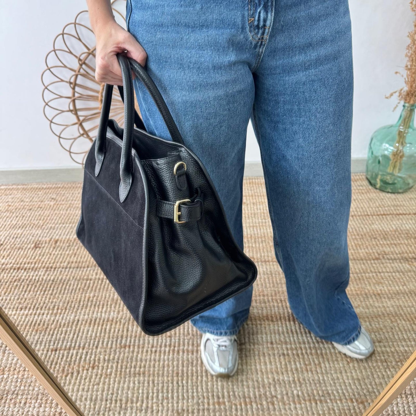 Shopper hebillas serraje y piel negro