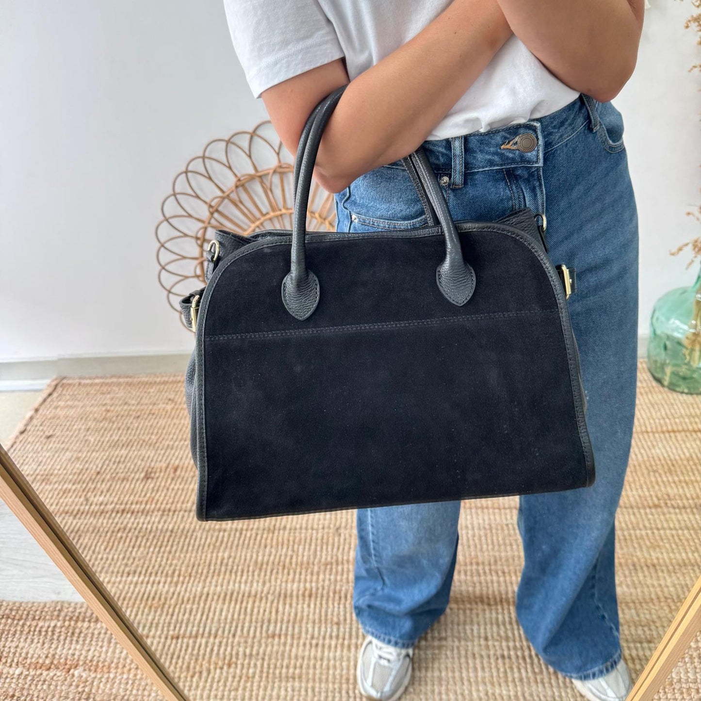 Shopper hebillas serraje y piel negro