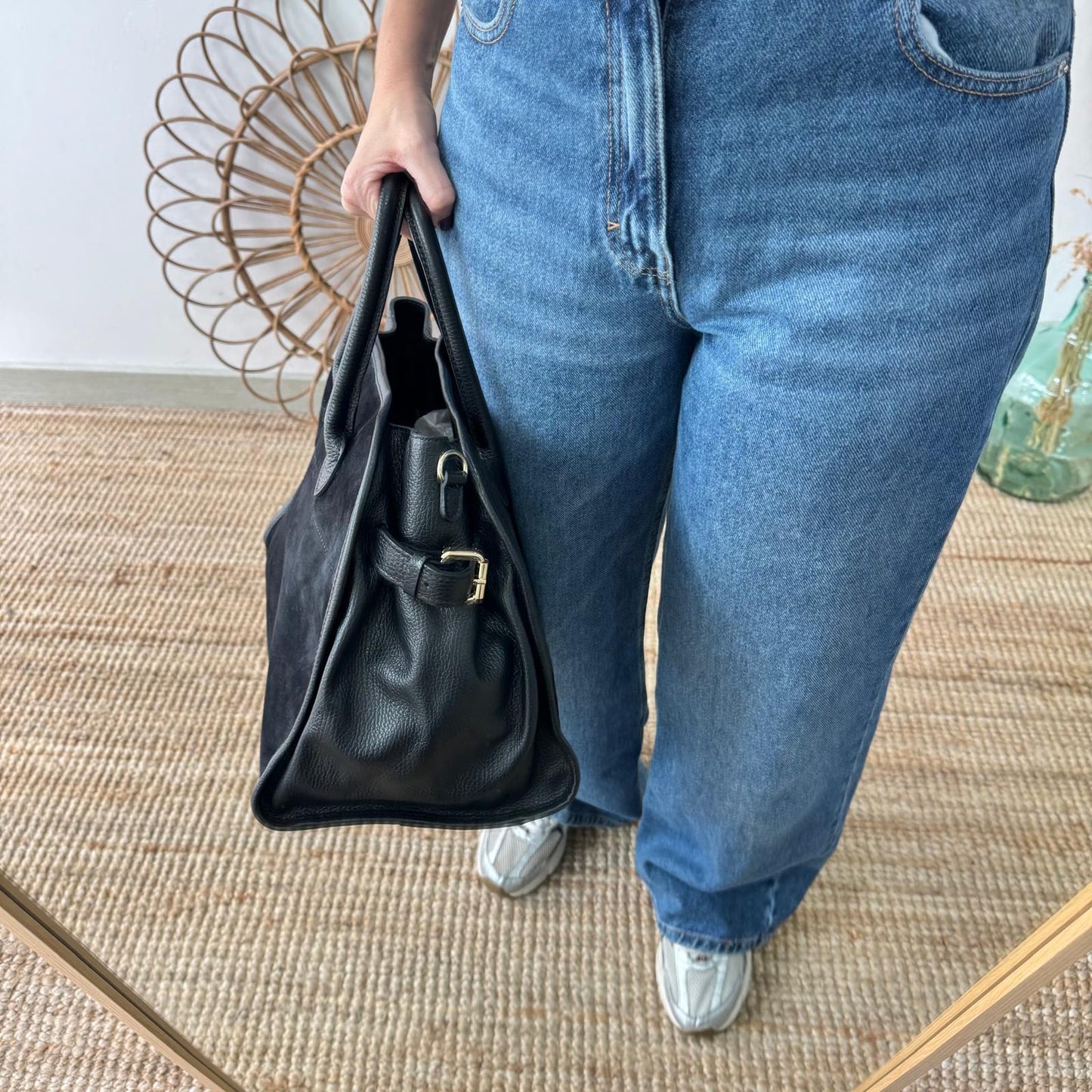 Shopper hebillas serraje y piel negro