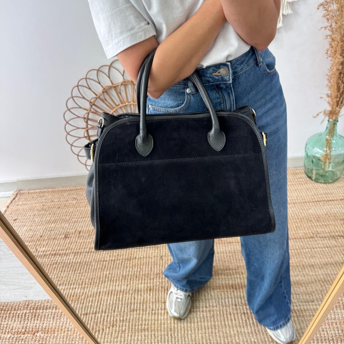 Shopper hebillas serraje y piel negro