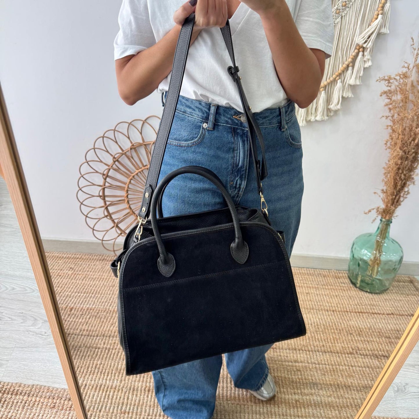 Shopper hebillas serraje y piel negro