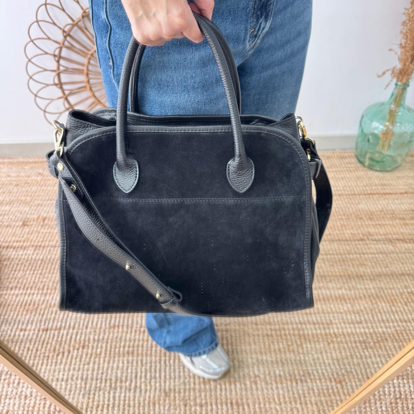 Shopper hebillas serraje y piel negro