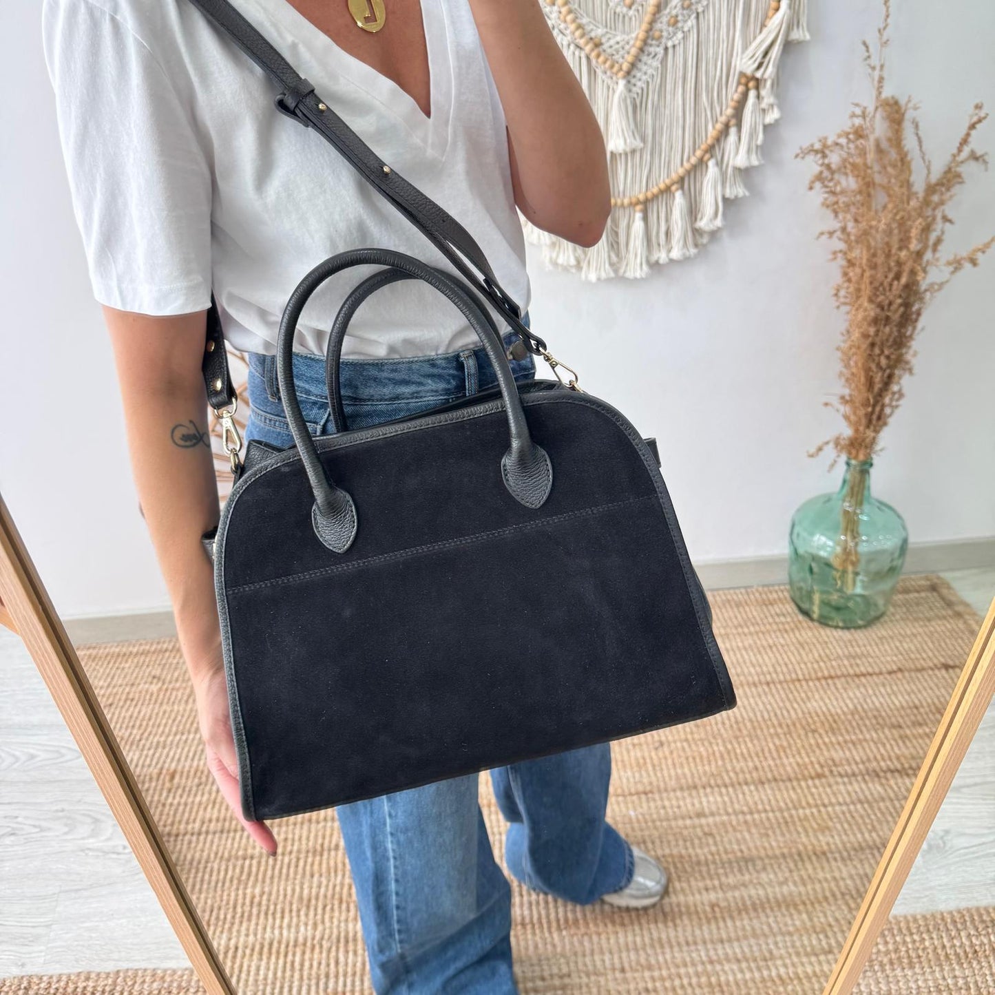 Shopper hebillas serraje y piel negro
