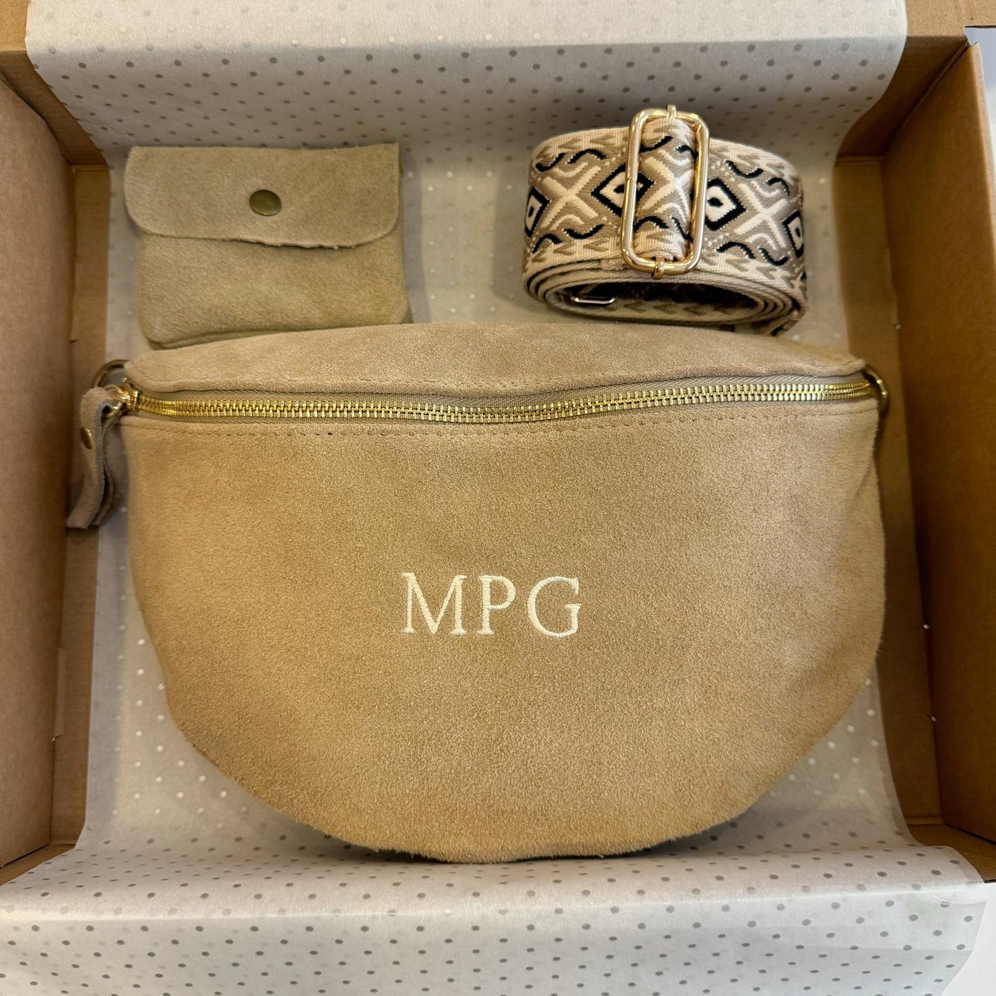 Pack regalo riñonera grande beige personalizada