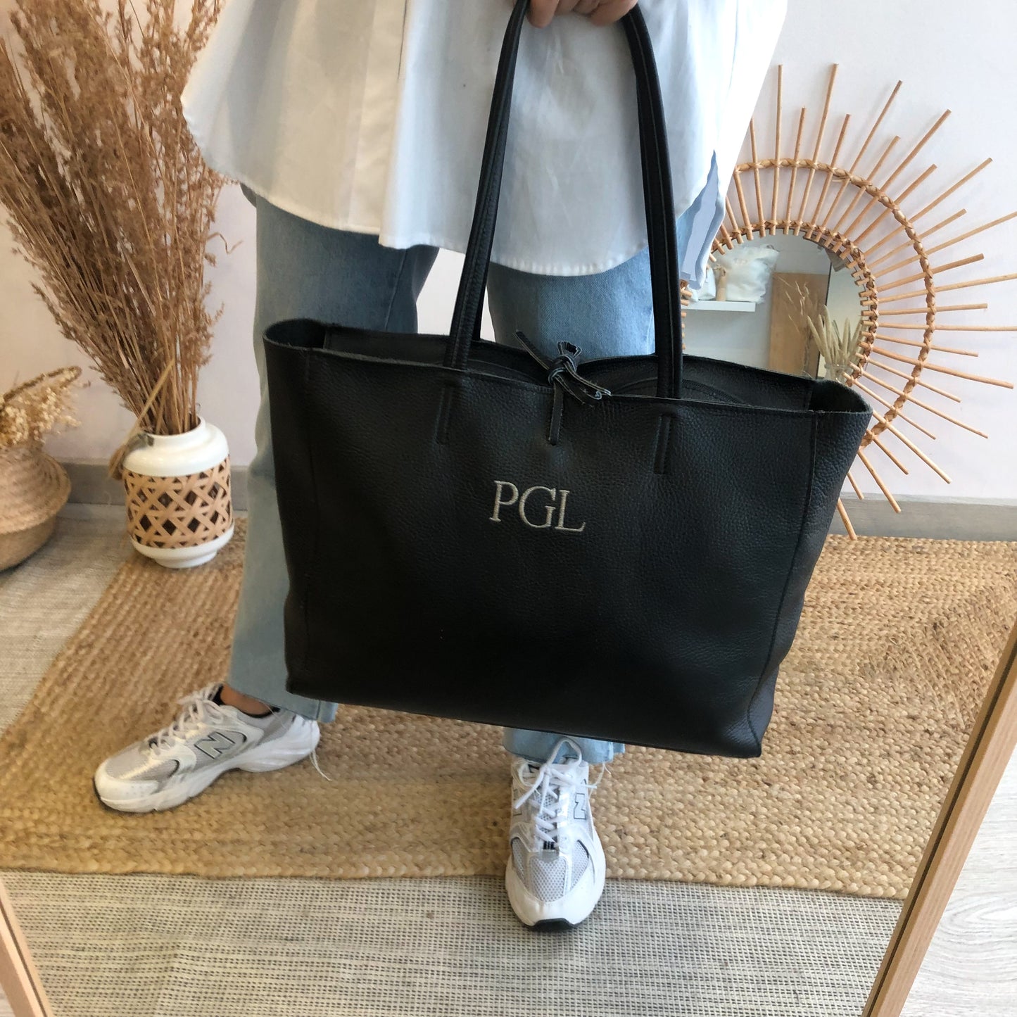 Shopper grande piel negro cremallera personalizado iniciales bordadas