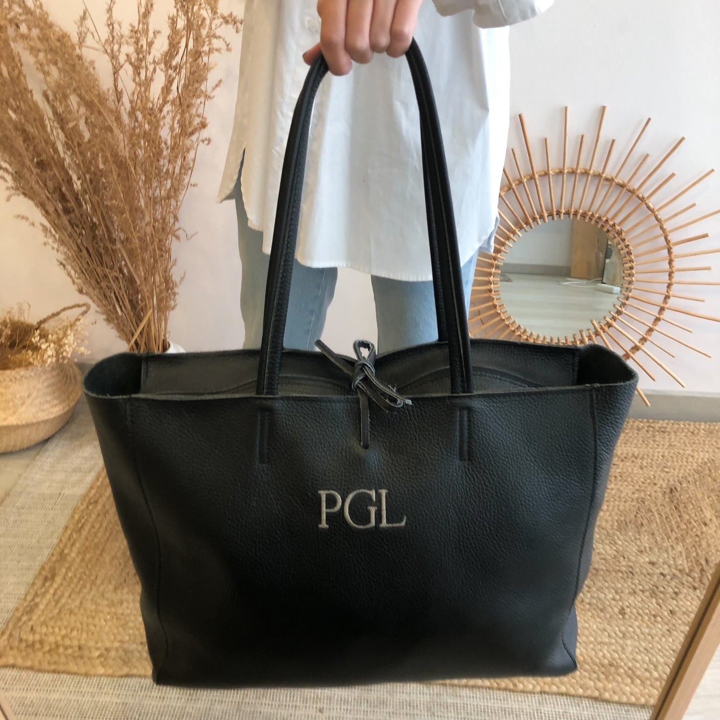 Shopper grande piel negro cremallera personalizado iniciales bordadas
