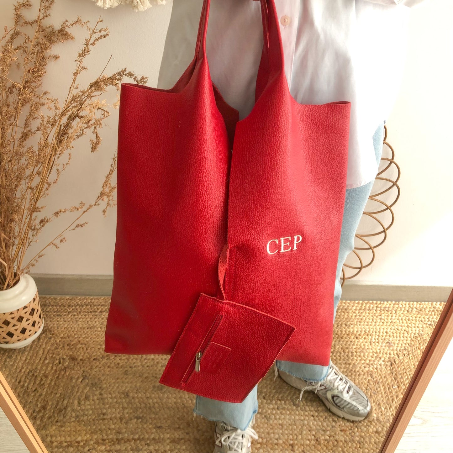 Bolso Tote piel rojo con monedero