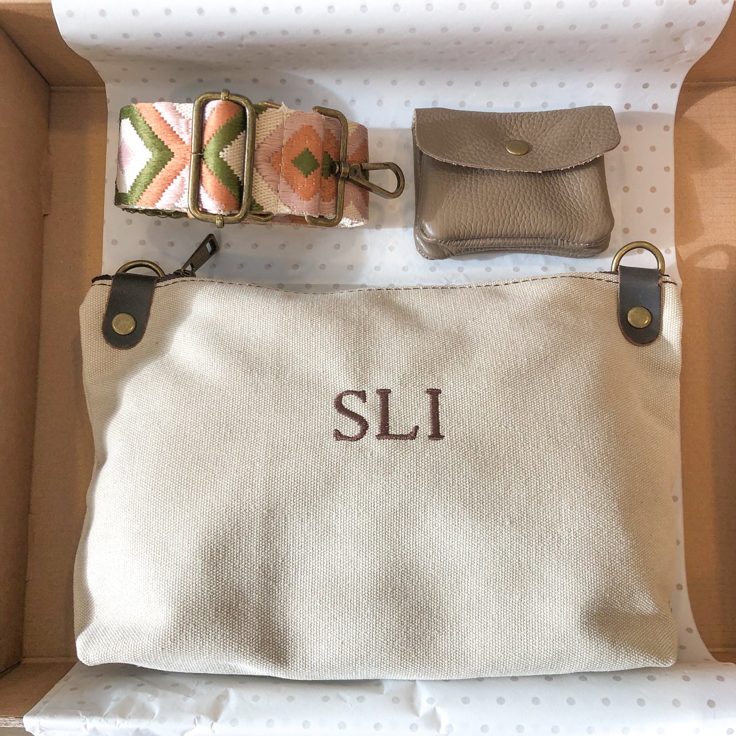 Pack regalo bandolera loneta beige personalizado