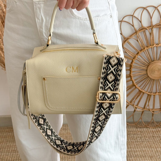 Bolso piel rec. bolsillos iniciales bordadas beige