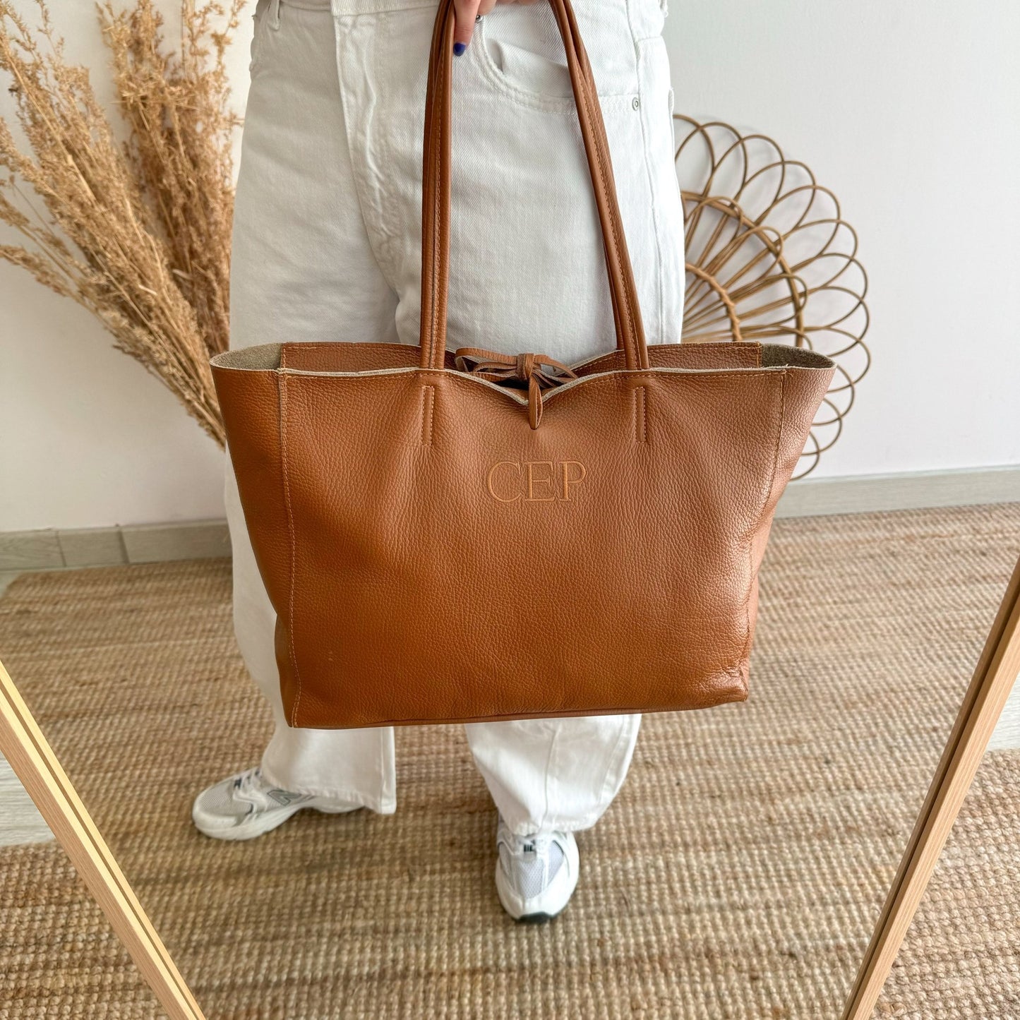 Shopper grande piel camel cremallera personalizado iniciales bordadas - Bubbleshopbcn