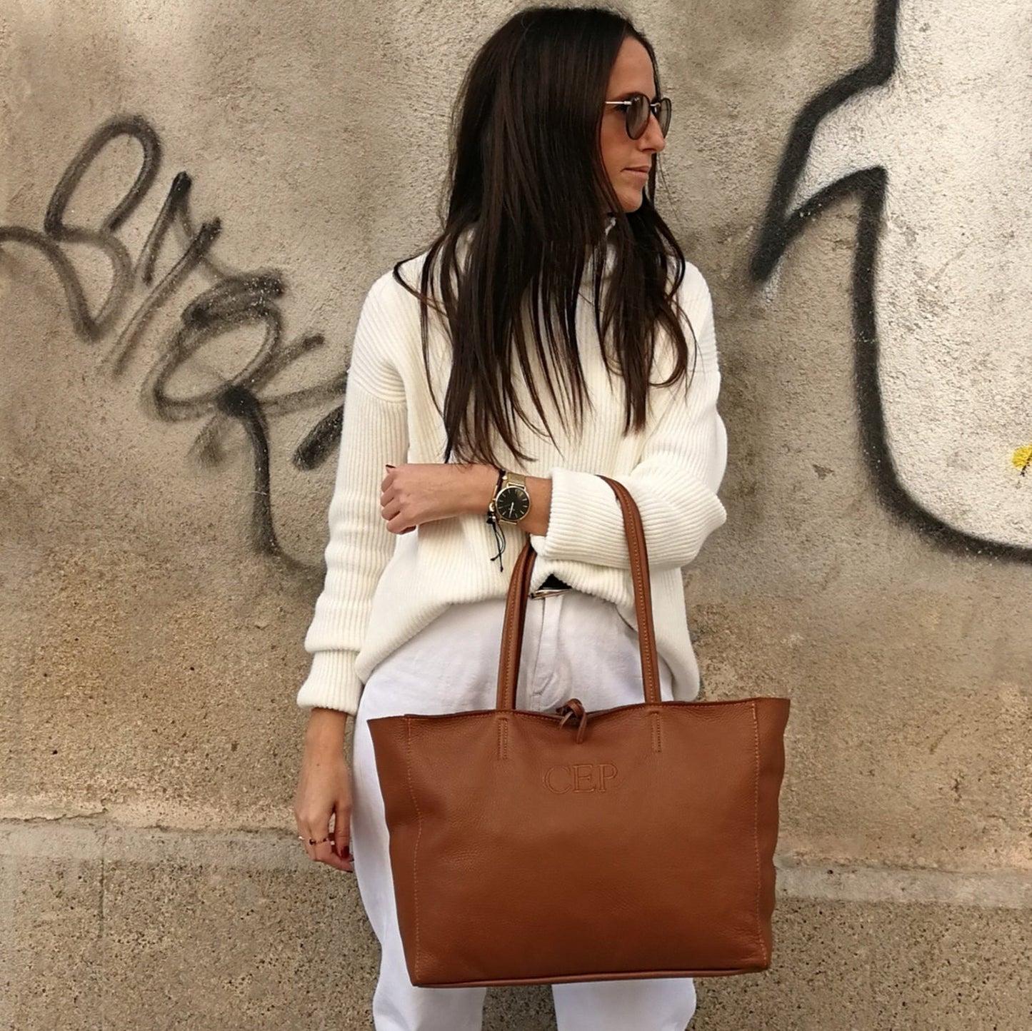 Shopper grande piel camel cremallera personalizado iniciales bordadas