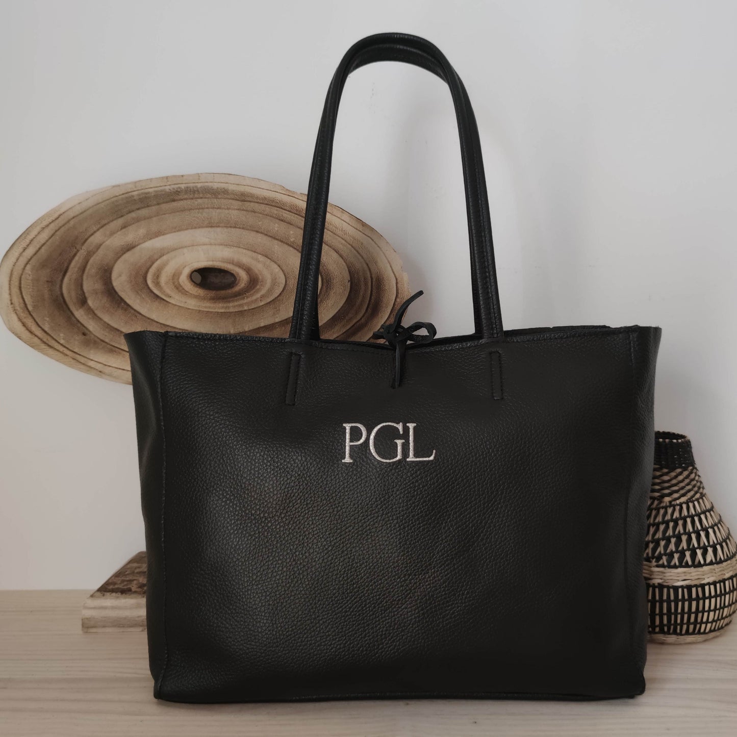 Shopper grande piel negro cremallera personalizado iniciales bordadas