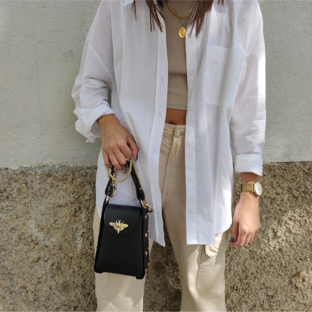Bolso piel abeja negro solapa