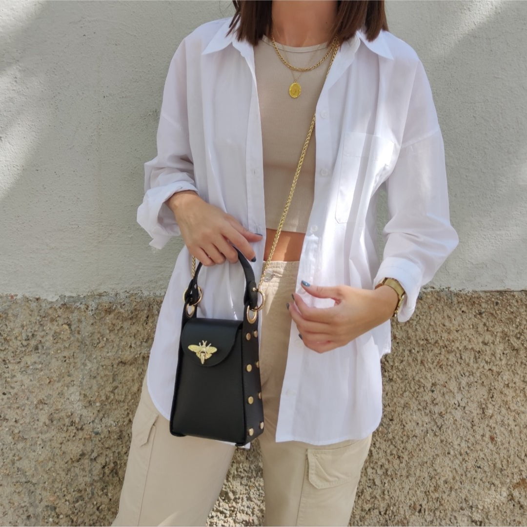 Bolso piel abeja negro solapa