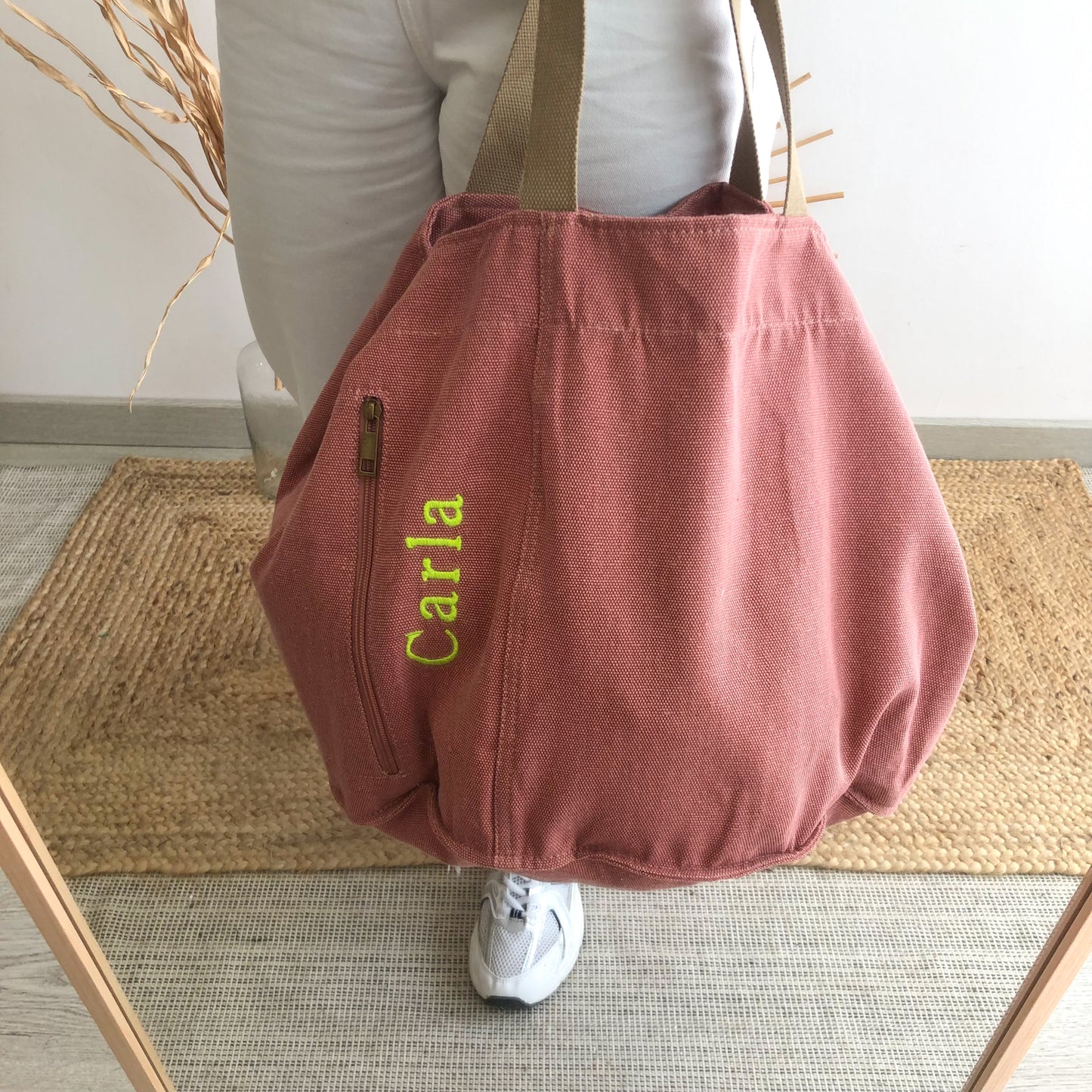 Bolsa loneta coral bolsillo personalizado nombre fluor